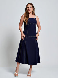 Vestido Mamorena Midi de Alça com Pedras em Linho com Elastano