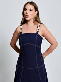 Vestido Mamorena Midi de Alça com Pedras em Linho com Elastano