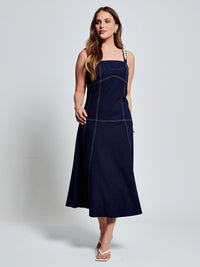 Vestido Mamorena Midi de Alça com Pedras em Linho com Elastano