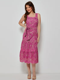 Vestido Mamorena Midi de Alça em Laise com Faixa e Detalhes em Renda e Entremeio