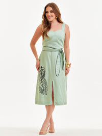 Vestido Mamorena Midi de Alça em Viscose com Bordado de Costela de Adão