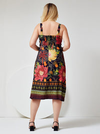 Vestido Mamorena Midi de Alça em Viscose Estampada com Faixa de Tecido