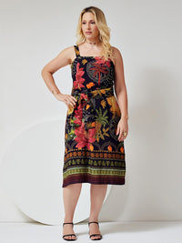 Vestido Mamorena Midi de Alça em Viscose Estampada com Faixa de Tecido