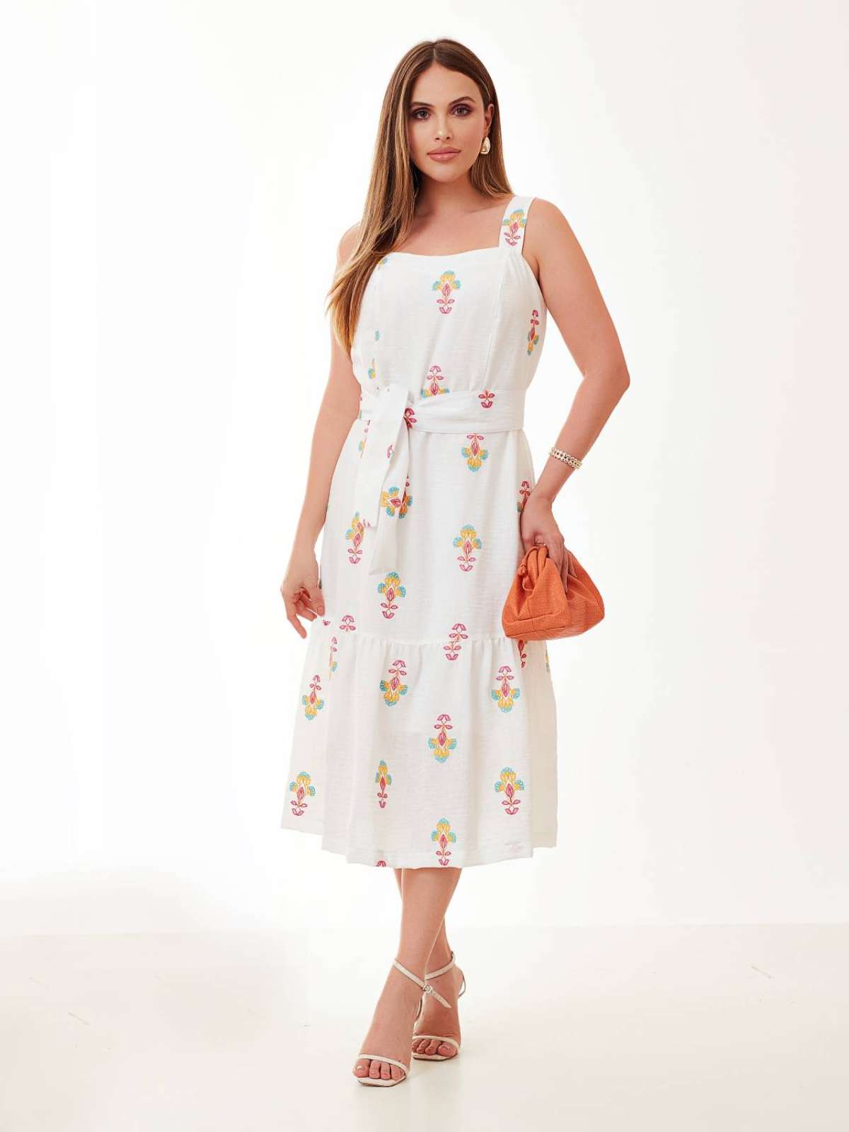 Vestido Mamorena Midi em Poliéster de Alças com Tecido Bordado