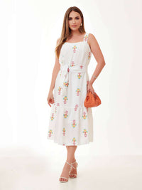 Vestido Mamorena Midi em Poliéster de Alças com Tecido Bordado