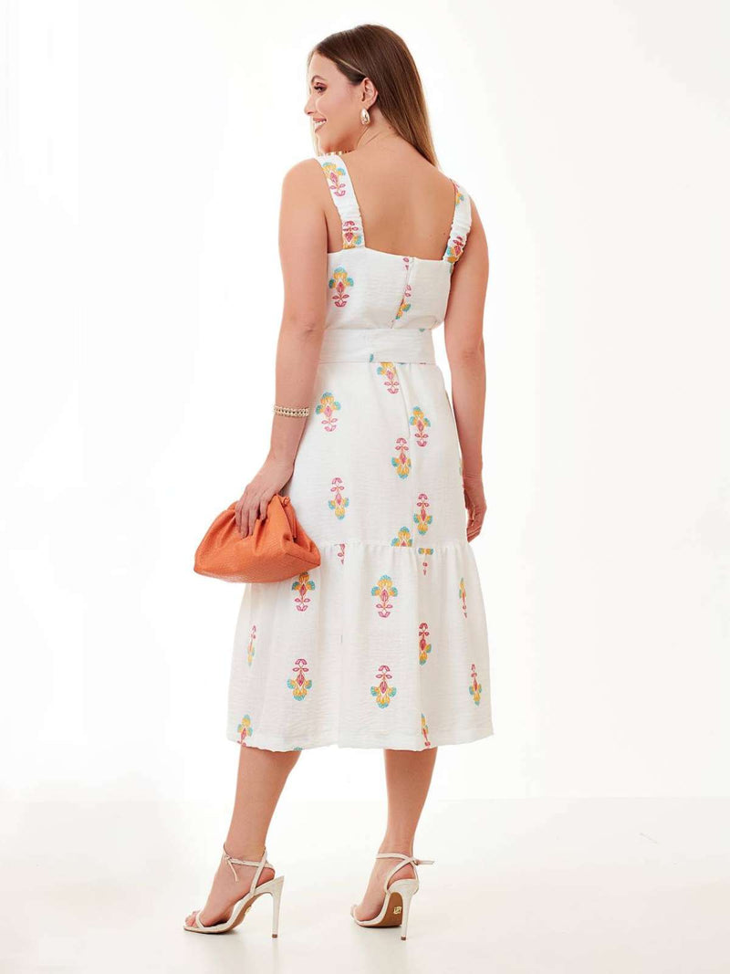 Vestido Mamorena Midi em Poliéster de Alças com Tecido Bordado