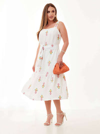Vestido Mamorena Midi em Poliéster de Alças com Tecido Bordado
