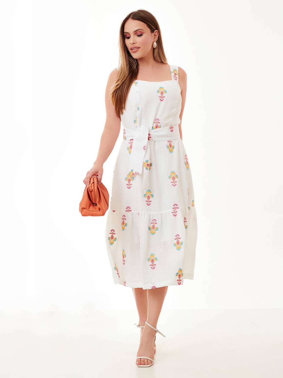 Vestido Mamorena Midi em Poliéster de Alças com Tecido Bordado