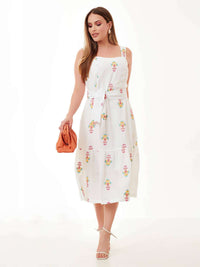 Vestido Mamorena Midi em Poliéster de Alças com Tecido Bordado
