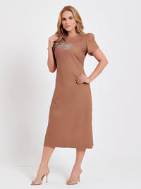 Vestido Mamorena Midi de Manga Curta em Linho com Bordado de Duas Cores