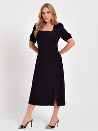 Vestido Mamorena Midi de Manga Curta em Liocel com Pregas na Cintura e Fenda