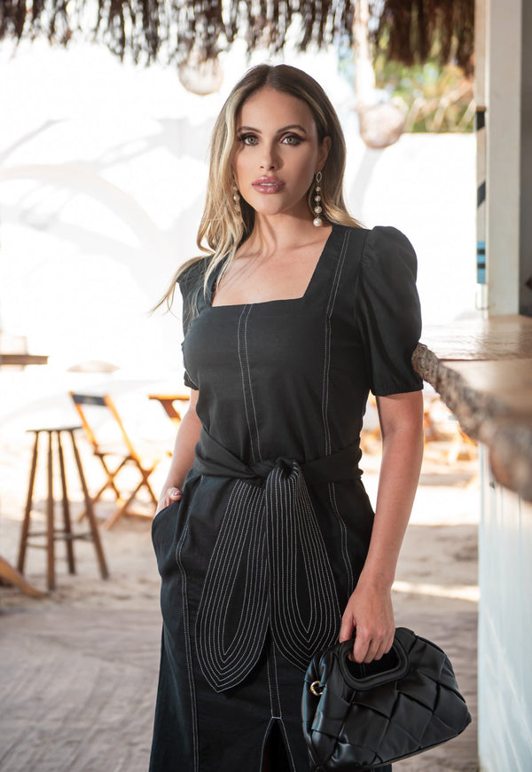 Vestido Mamorena Midi em Linho com Pesponto