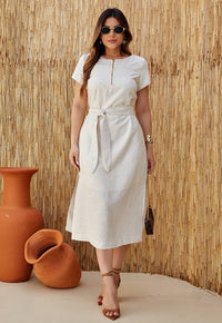 Vestido Mamorena Midi em Linho de Manga Curta com Ziper Frontal no Busto