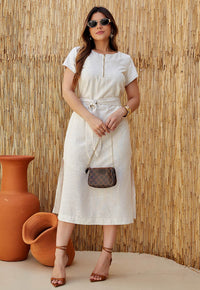 Vestido Mamorena Midi em Linho de Manga Curta com Ziper Frontal no Busto