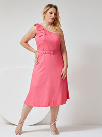 Vestido Mamorena Midi em Linho de Um Ombro Só com Detalhe de Laço