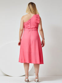 Vestido Mamorena Midi em Linho de Um Ombro Só com Detalhe de Laço