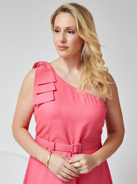 Vestido Mamorena Midi em Linho de Um Ombro Só com Detalhe de Laço