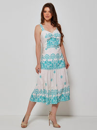 Vestido Mamorena Midi em Viscose Estampada com Franzido no Busto