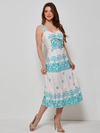 Vestido Mamorena Midi em Viscose Estampada com Franzido no Busto