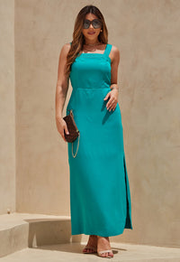 Vestido Mamorena Midi em Viscose Sarjada de Alça Pespontada