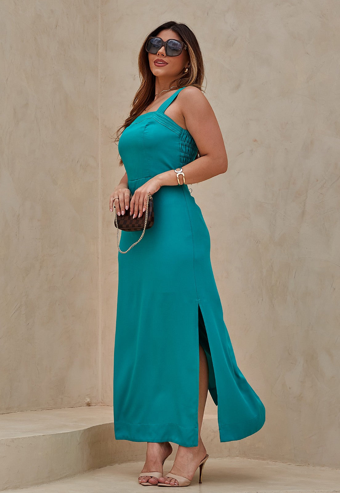 Vestido Mamorena Midi em Viscose Sarjada de Alça Pespontada