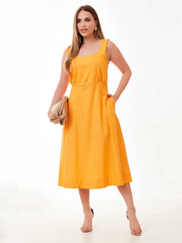 Vestido Mamorena Midi Evasê de Alça Pespontada