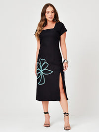 Vestido Mamorena Midi em Linho com Elastano Manga Curta com Bordado na Frente